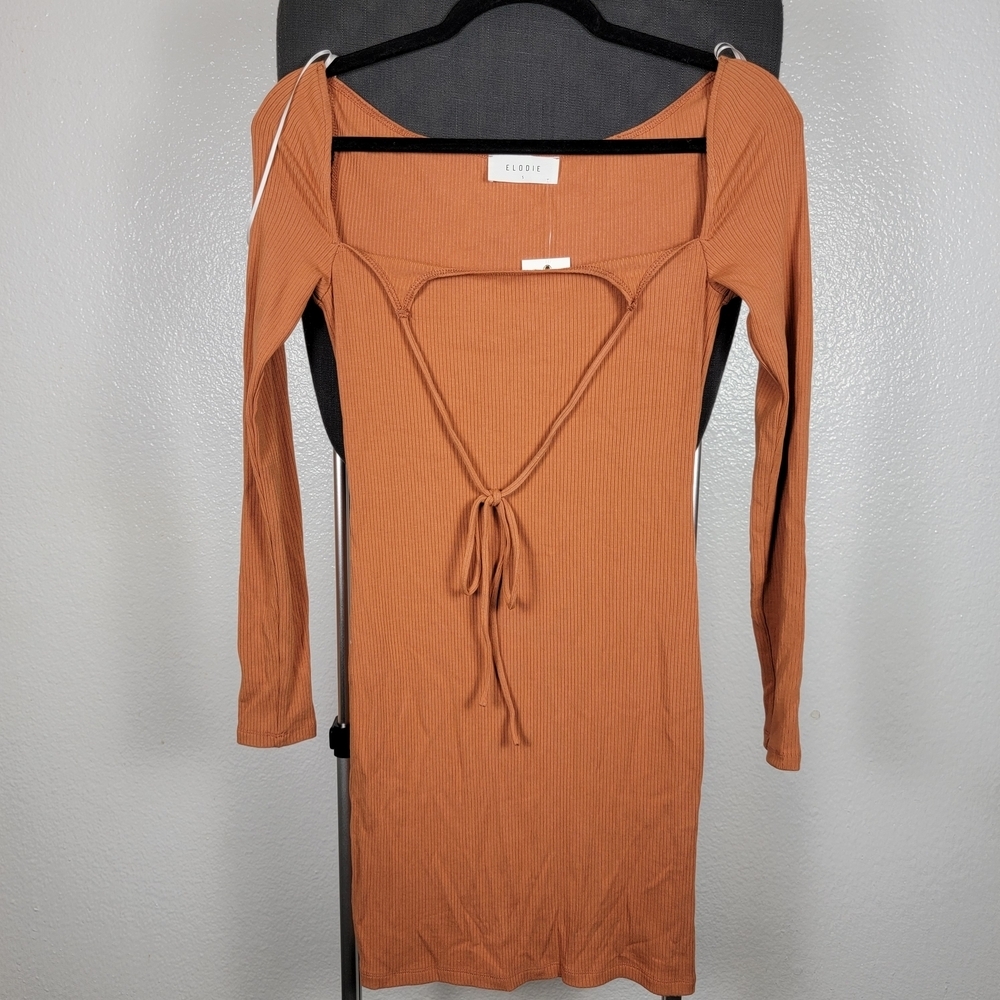 Elodie Ribbed flare hem long sleeve tie neck Brick Red dress Women's Size‎ S